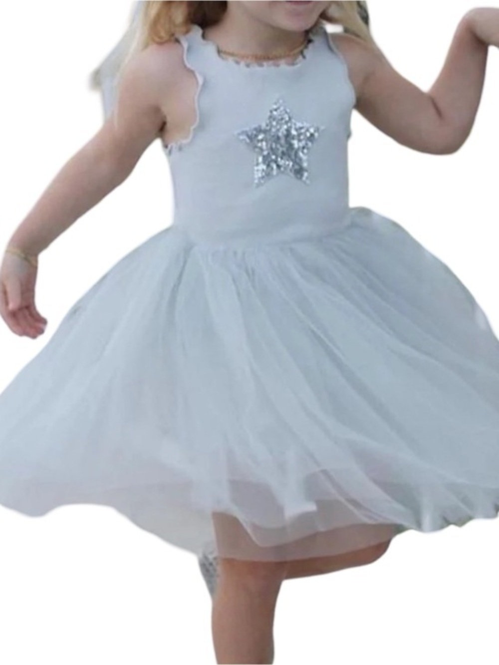 Petite Hailey Girls Sz 4 Gray Silver Sequin Star Light Gray Layered Tulle Dress